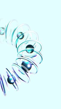 Glass coil detail with metallic spheres reflecting light in a clean minimalist 3D render representing scientific research and modularity in tech