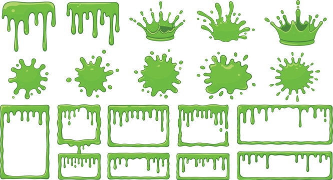 Green slime drips and splashes collection set with goo frames borders splat elements for horror cartoon design graphics