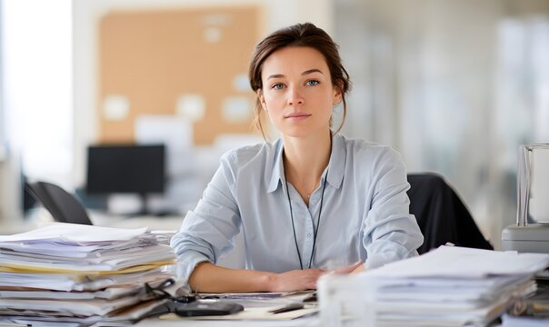a modern HR manager sitting at a clean desk, overwhelmed with unrelated tasks like paperwork