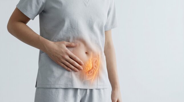 Person holding abdomen (no face), with highlighted internal area