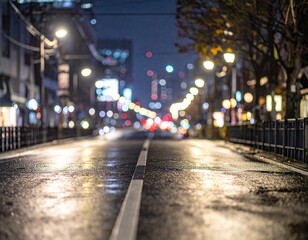 Fototapeta premium Dark Blurred Night Street Background with Glowing Street Lights Bokeh
