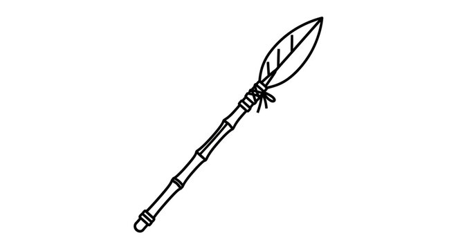 Hand-drawn illustration of a primitive spear with a leaf-shaped head tied to a bamboo shaft