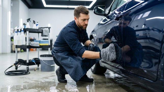 Man car detailer washing vehicle door with microfiber glove in professional workshop. Auto service worker cleaning dark automobile body for maintenance and protection. Automotive care concept.