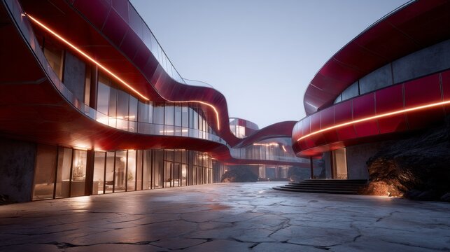 In a stunning twilight scene, a modern architectural marvel unfolds with flowing red curves and sleek glass facades. The interplay of light and shadow creates an enchanting atmosphere