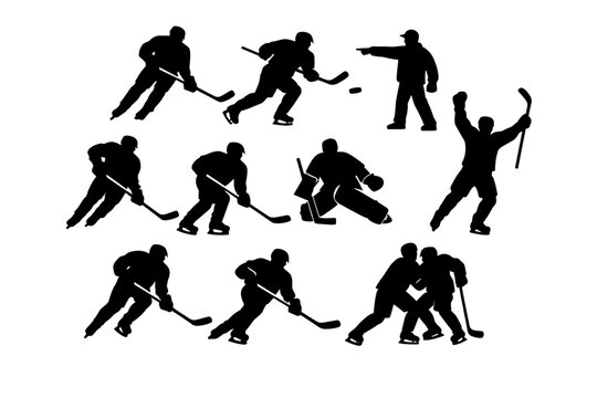 Set of nine dynamic black and white silhouette illustrations depicting various actions and poses associated with the sport of ice hockey players in motion