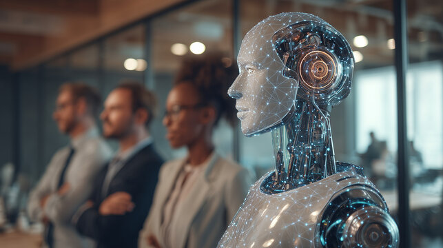 An AI hologram agent representing autonomy and teamwork, standing beside humans in a modern office, symbolizing collaboration between artificial intelligence and human workforce