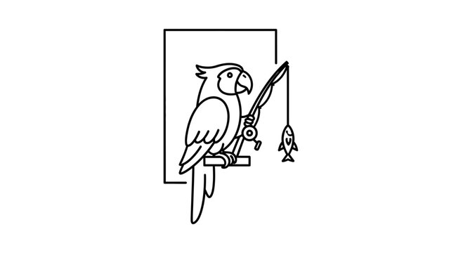 Funny Parrot Fishing with Rod and Reel, Catching a Fish, Line Art Illustration