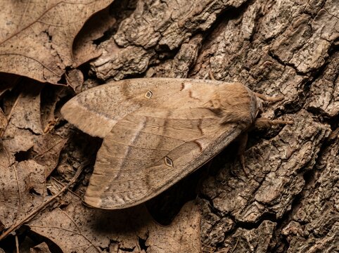 Polyphemus moth camouflaged on tree bark and dried leaves