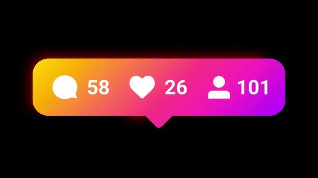 Glowing social media notification icon featuring animated followers, likes, and comments on a dark black background.