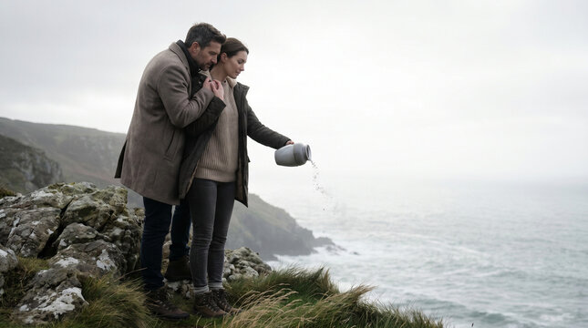 Couple scattering pet cremation ashes at edge of ocean cliff in foggy coastal desolation, urn being gently tilted by woman while partner hol 3