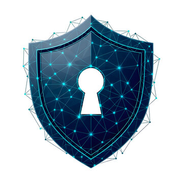 Digital shield with glowing network lines and keyhole symbol representing cybersecurity and data protection.