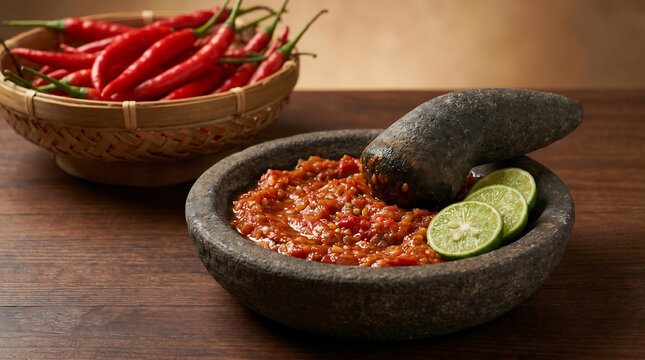 spicy Indonesian sambal terasi in stone mortar and a basket of red chilli in the background. Traditional mortar and pestle with sambal