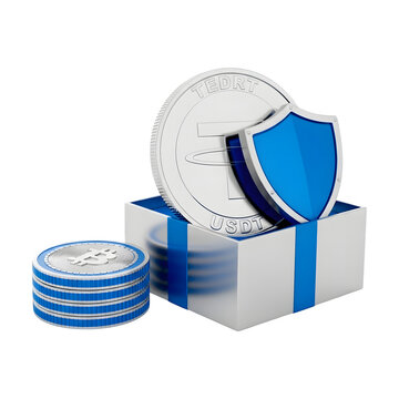 Silver usdt and bitcoin crypto coins with blue security shield inside white gift box set.