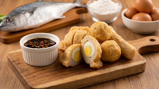 Indonesian pempek fish cakes on wooden board. traditional Palembang cuisine with boiled egg filling