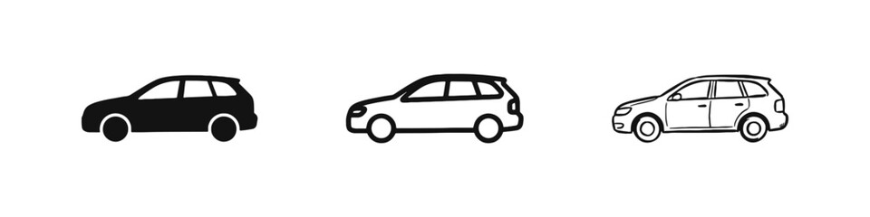 Obraz premium Car Side Profile Icon Set - Solid, Outline, and Hand-Drawn Sketch Styles