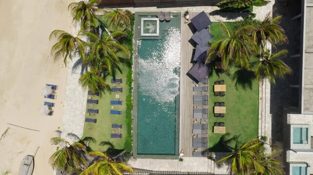 Resort pool aligned parallel to beach in Ta&iacute;ba S&atilde;o Gon&ccedil;alo do Amarante Cear&aacute; Brazil with sun loungers, palm trees and ocean shoreline forming geometric composition, aerial top down drone descending