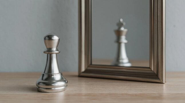 Imposter syndrome and self perception pawn chess piece seeing king reflection in mirror confidence potential ambition. High quality photo