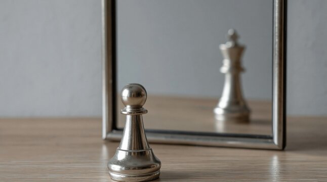 Imposter syndrome and self perception pawn chess piece reflecting as queen in mirror self-esteem and confidence. High quality photo