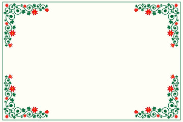Fototapeta premium Elegant green vegetal ornamental frame with leaves and pink flowers, decorative border, corners for greeting cards. Isolated vector illustration