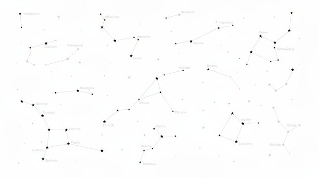 A minimalist star map shows various constellations with their names and connecting lines against a white background.