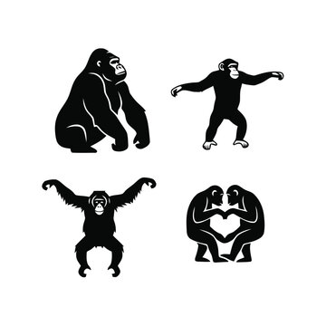 Collection of diverse ape and monkey silhouettes including gorilla, chimpanzee, and orangutan, with two monkeys forming a heart shape.