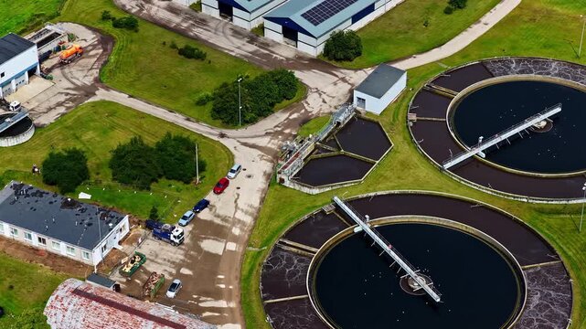 Aerial view reveals large circular sedimentation tanks with rotating scrapers at sprawling wastewater treatment facility surrounded by green grass