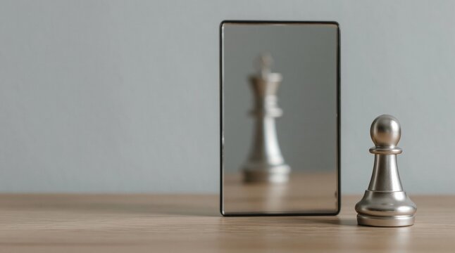 Imposter syndrome and self perception pawn chess piece seeing king reflection in mirror representing ambition potential. High quality photo