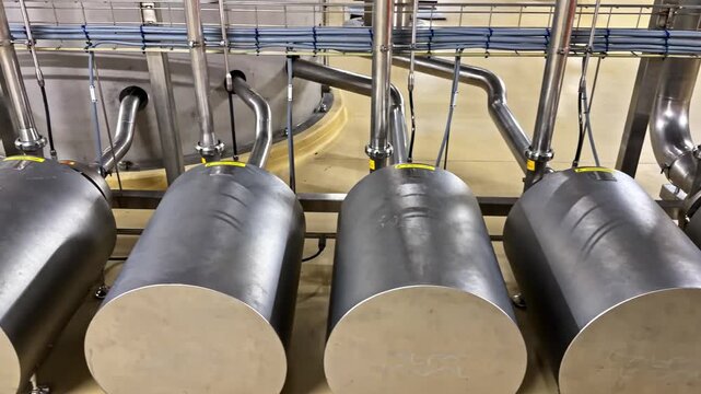 Row of horizontal stainless steel tanks connected by pipes inside a clean industrial processing facility