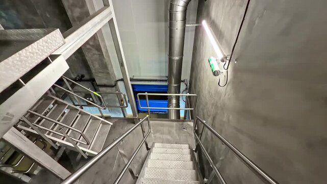 Metal stairs descend beside large vertical pipe and concrete walls inside an industrial facility