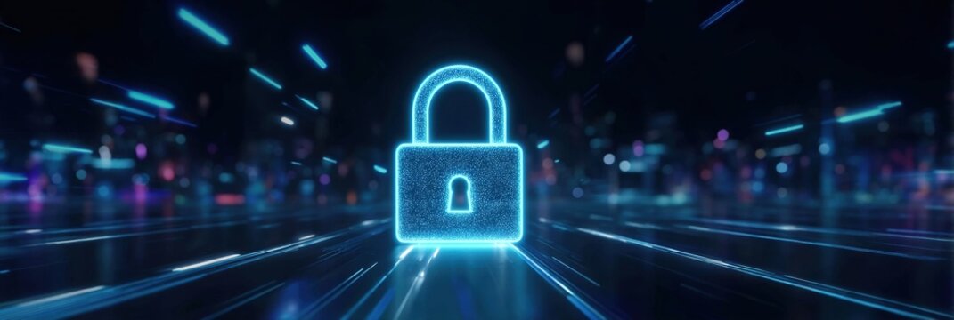 Wide angle composition shot digital padlock symbolizing cybersecurity and data protection futuristic environment blurred light motion trails concept. Ai Generative