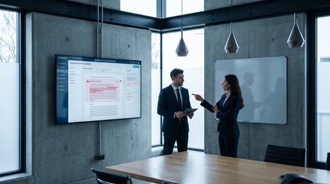 Two corporate counsels reviewing contract AI review automation results on oversized monitor in sleek headquarters boardroom, highlighted cla