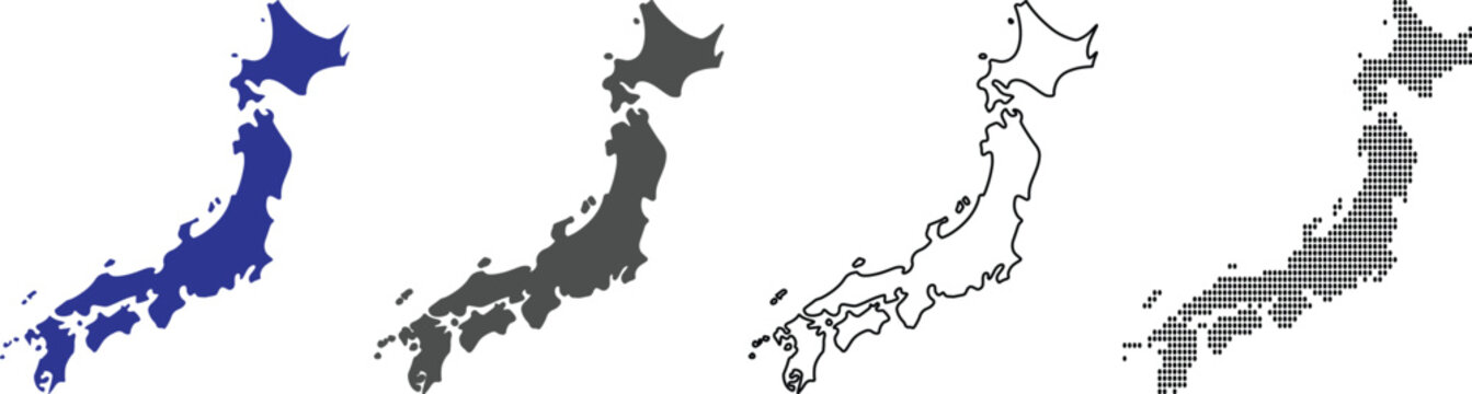 Four different style maps of Japan country in Asia continent with various colors and patterns on white background