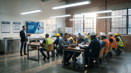 Fototapeta premium Compliance officer leading anti-bribery compliance training workshop in manufacturing plant breakroom, workers in safety gear seated attenti