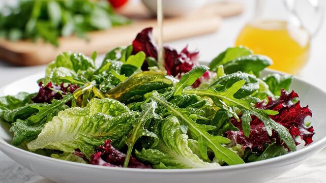 Fresh green and red leaf lettuce salad drizzled with golden olive oil, vibrant healthy mixed greens with water droplets in white bowl, natural fresh flavors for nutritious meal