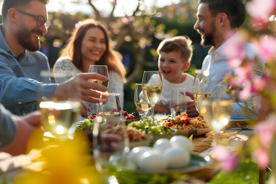 Happy family and friends having dinner in sunny blooming garden. Spring celebration concept