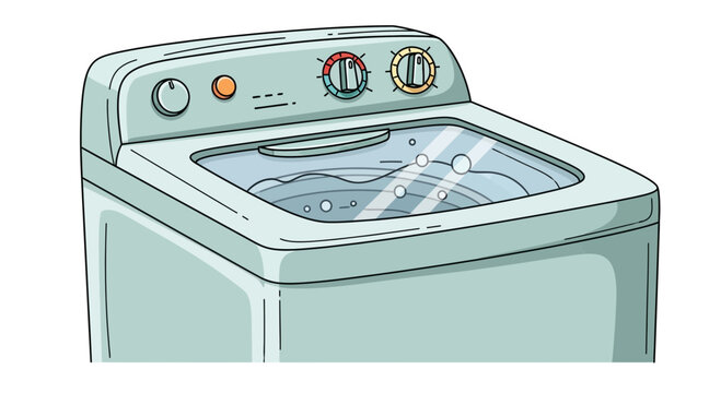 Cartoon top-loading washing machine with water and bubbles