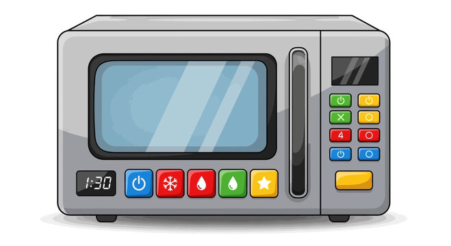 Modern kitchen microwave oven with digital display and colorful buttons