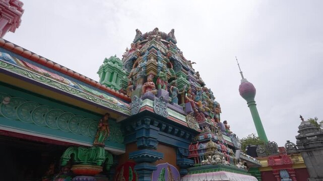 Front view of the Sri Kailawasanathan Swami Devasthanam Kovil Hindu temple in Colombo, Sri Lanka, highlighting its ornate facade and intricate architectural details