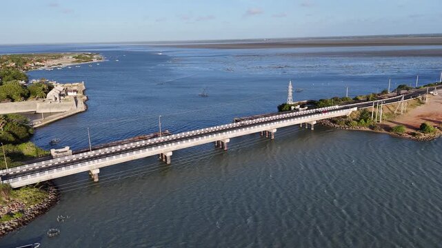 Aerial view of a bridge in Jaffna, Sri Lanka, showing a connection across water within a coastal landscape