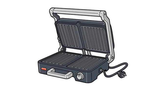 Open electric panini press grill with non-stick plates and cord