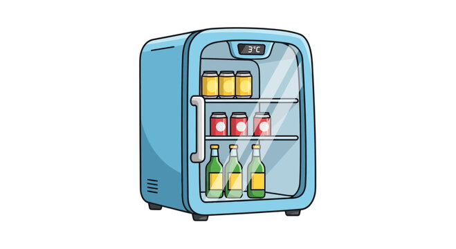 Retro mini fridge with drinks, cans, and bottles, 3 degrees Celsius