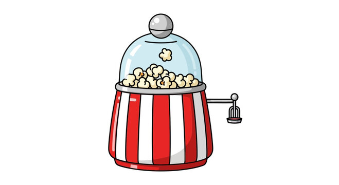 Retro popcorn machine making popcorn, isolated on white background
