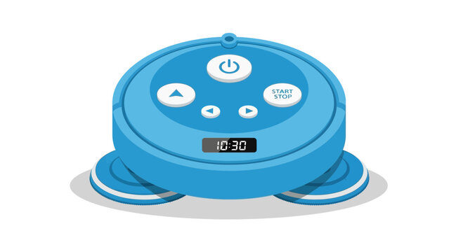 Robotic vacuum cleaner with digital display and buttons, isolated on white background