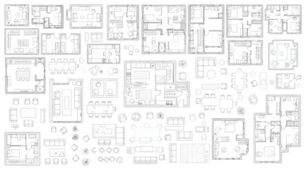 Collection of architectural floor plans and furniture layouts © Saharia