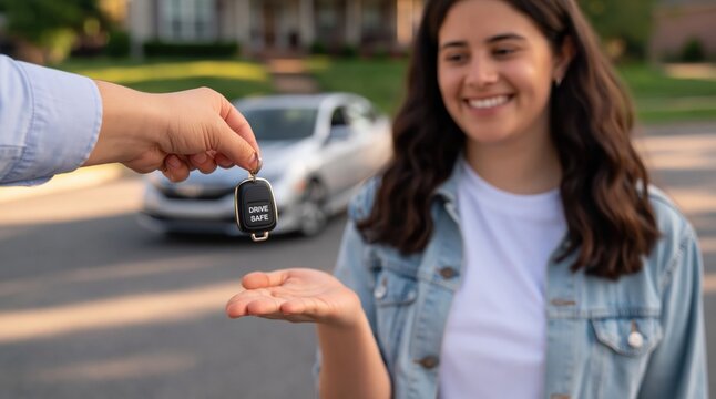 New driver safety and teen car ownership young woman receiving car keys as a gift from parent on suburban street. High quality photo