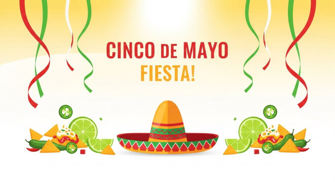 Cinco de Mayo Fiesta celebration with sombrero nachos jalapenos and lime slices festive background with Mexican flag colors and streamers