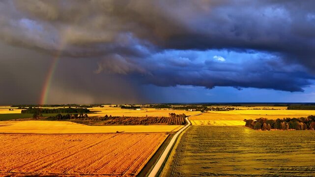 Stormy sky with rainbow over golden harvested grain fields and straight rural road seen from above