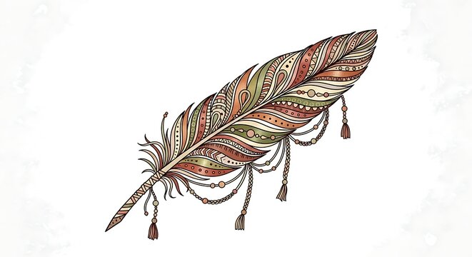 Boho style decorative feather illustration with tribal patterns and tassels