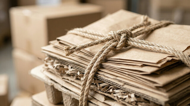 Stack of Recycled Paper and Cardboard Tied with Natural Rope