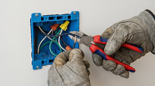 Electrician hands in gloves cutting copper wire with pliers in a blue junction box, electrical installation concept